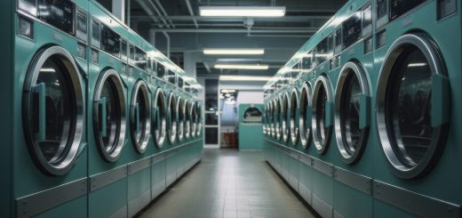 Wnętrze nowoczesnej pralni samoobsługowej – przykład aranżacji w artykule jak otworzyć pralnię samoobsługową