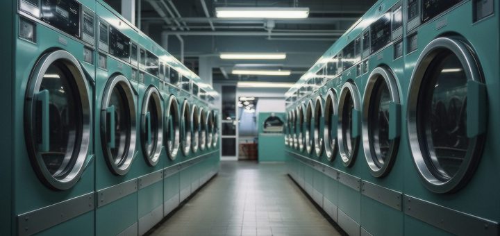 Wnętrze nowoczesnej pralni samoobsługowej – przykład aranżacji w artykule jak otworzyć pralnię samoobsługową